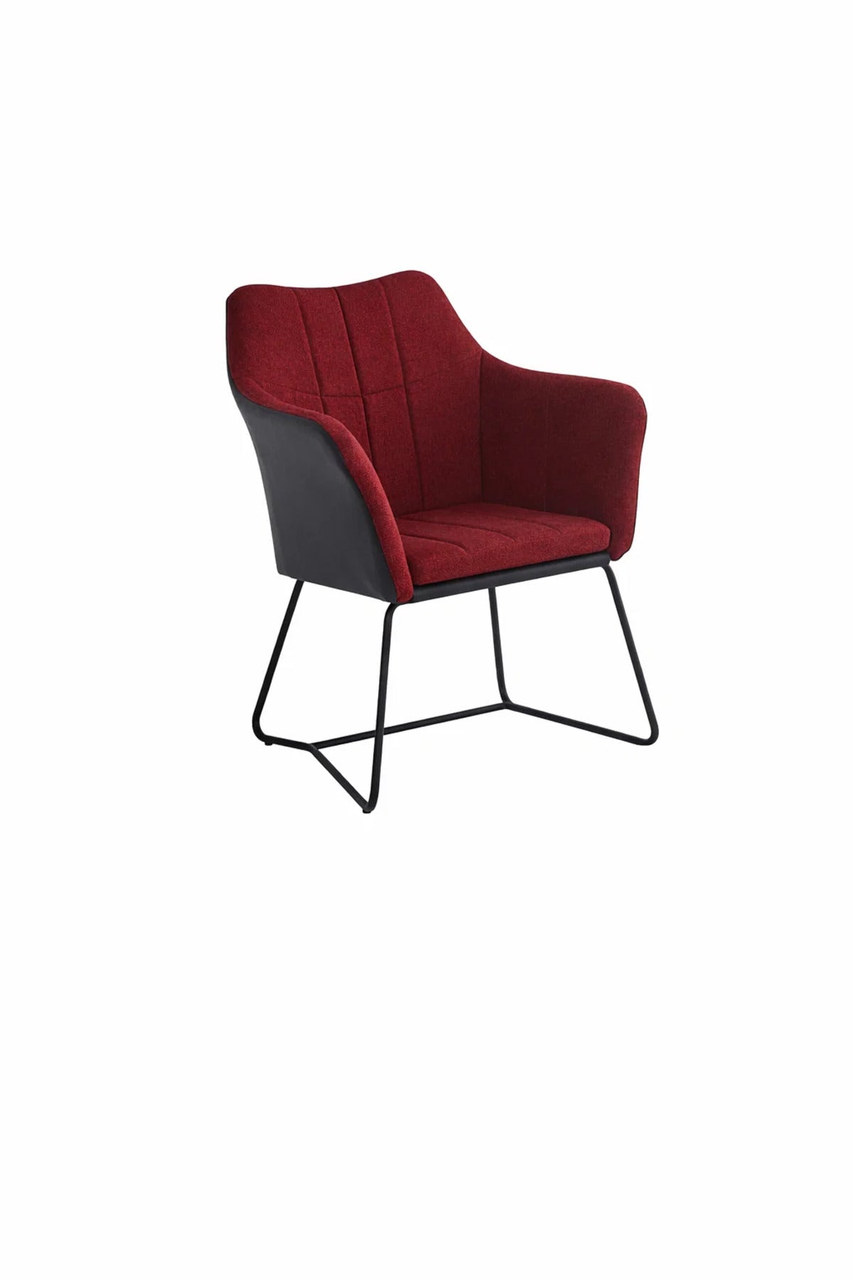 Contemporary Red Upholstered Dining Armchair with Black Leather Shell and Durable Metal Sled Base