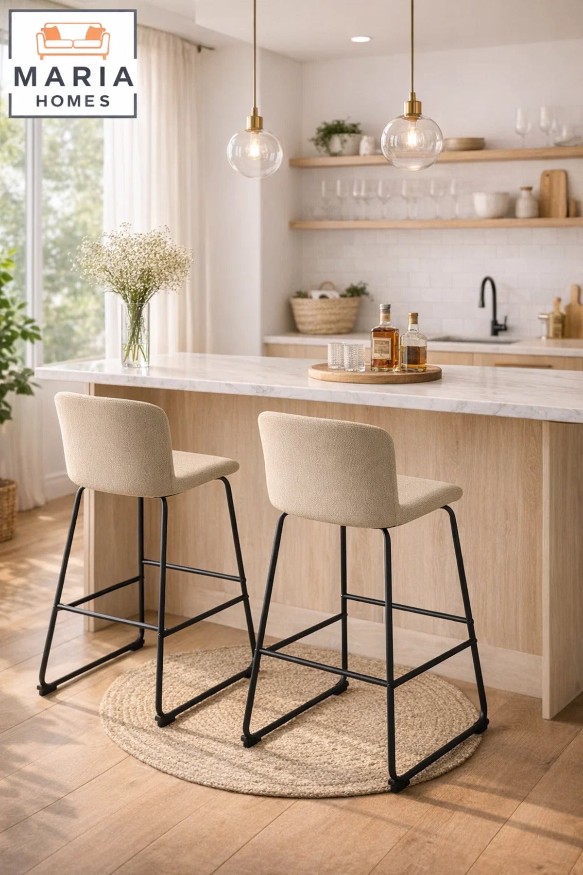 Beige Upholstered Bar Stool with Black Metal Frame √ê Modern Counter Chair