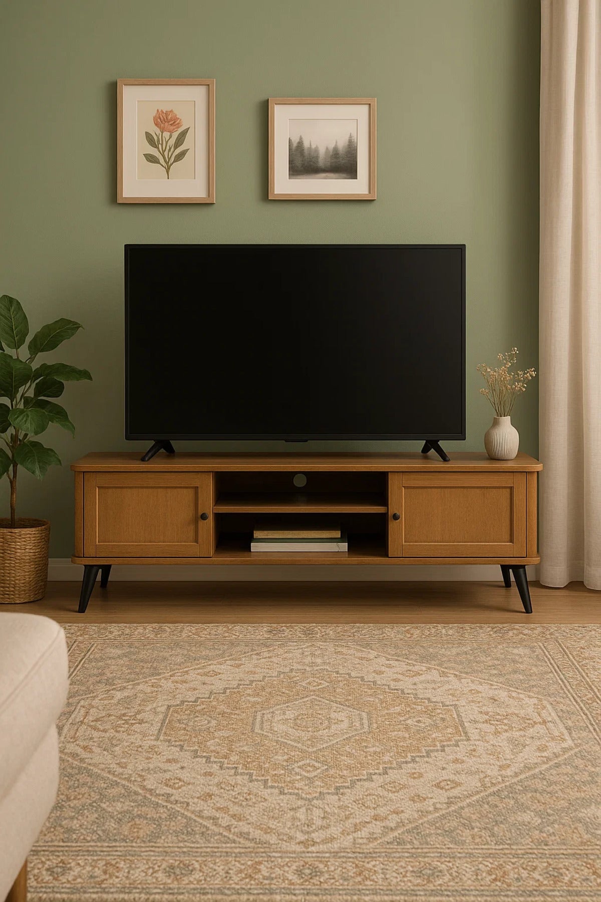 Rattan Door TV Stand with Open Shelves Ð 200x40x50 cm Brown Mid-Century Console
