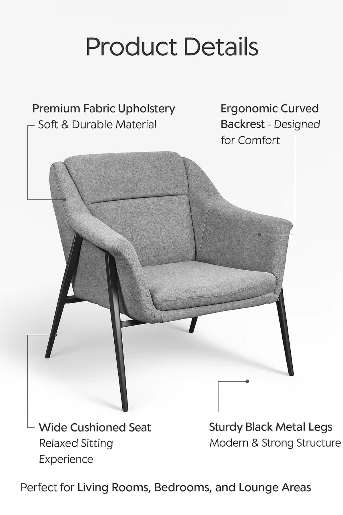 Modern Armchair with Metal Legs, Elegant Comfortable Accent Chair for Living Room