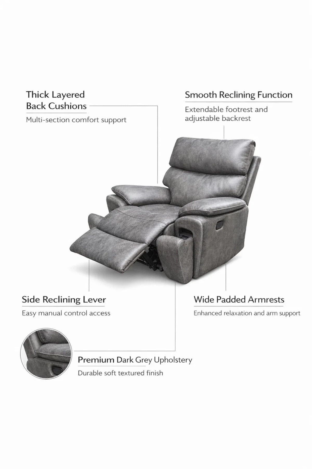 Luxury Dark Grey Single Recliner Sofa Chair with Cup Holder and Manual Mechanism for Living Room Use