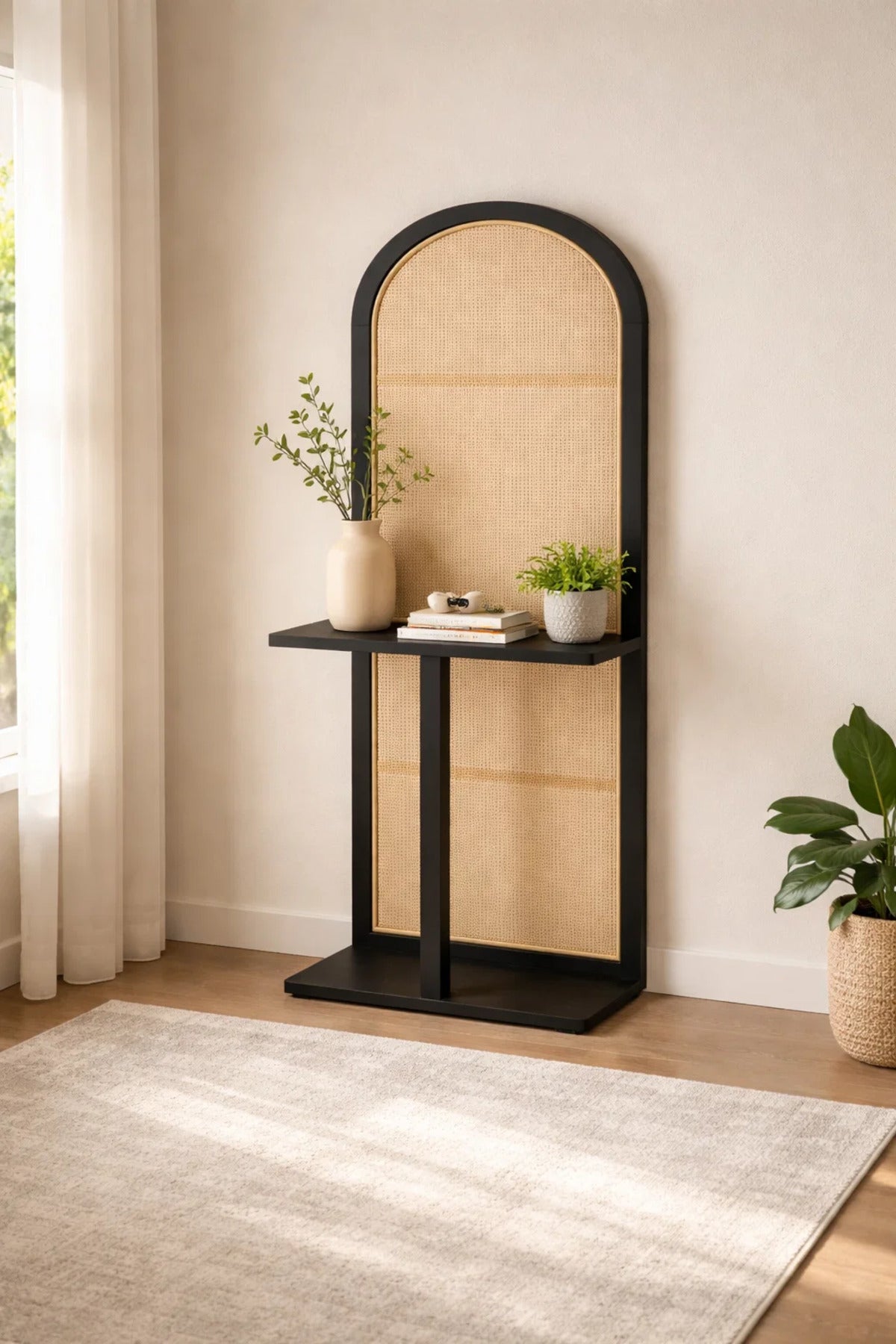 Modern Arched Orginizer Rack with Cane Panel and Black Wood Frame