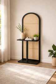 Modern Arched Orginizer Rack with Cane Panel and Black Wood Frame