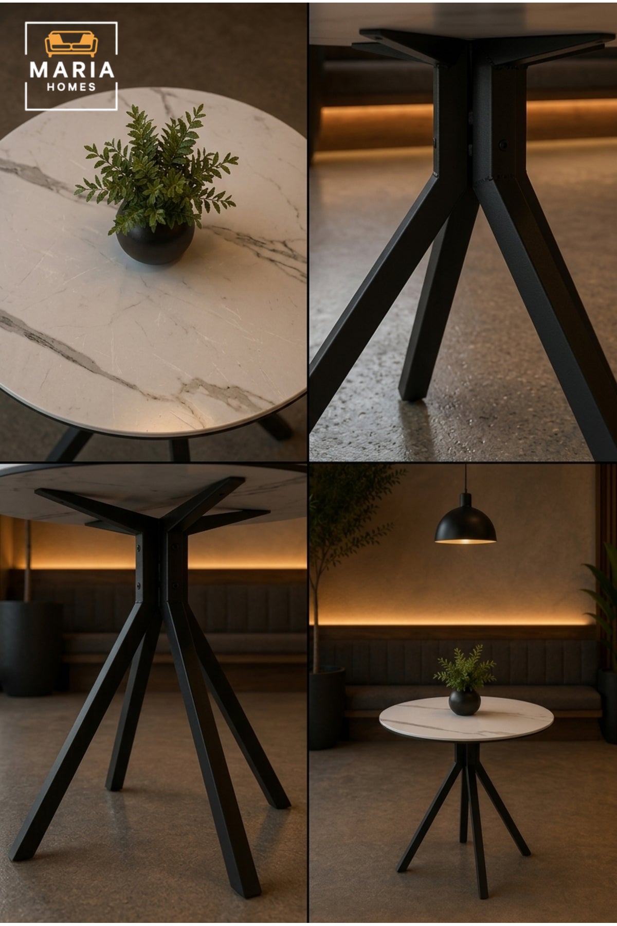 Modern Round Dining Table Marble Look Top Caf≈Ω Table Restaurant Table with Black Metal Base