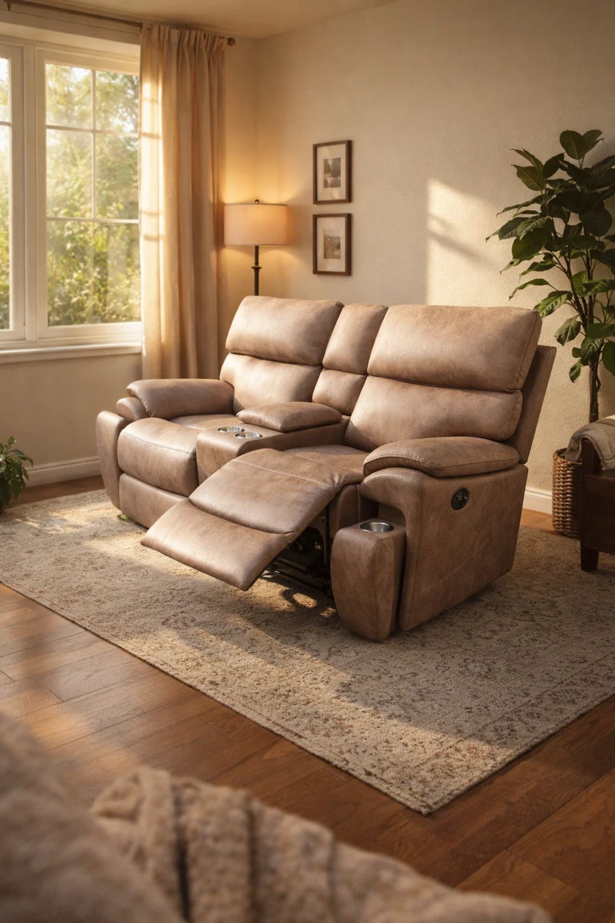 Premium Double Recliner Loveseat with Center Console Cup Holders Light Brown Home Theater Sofa