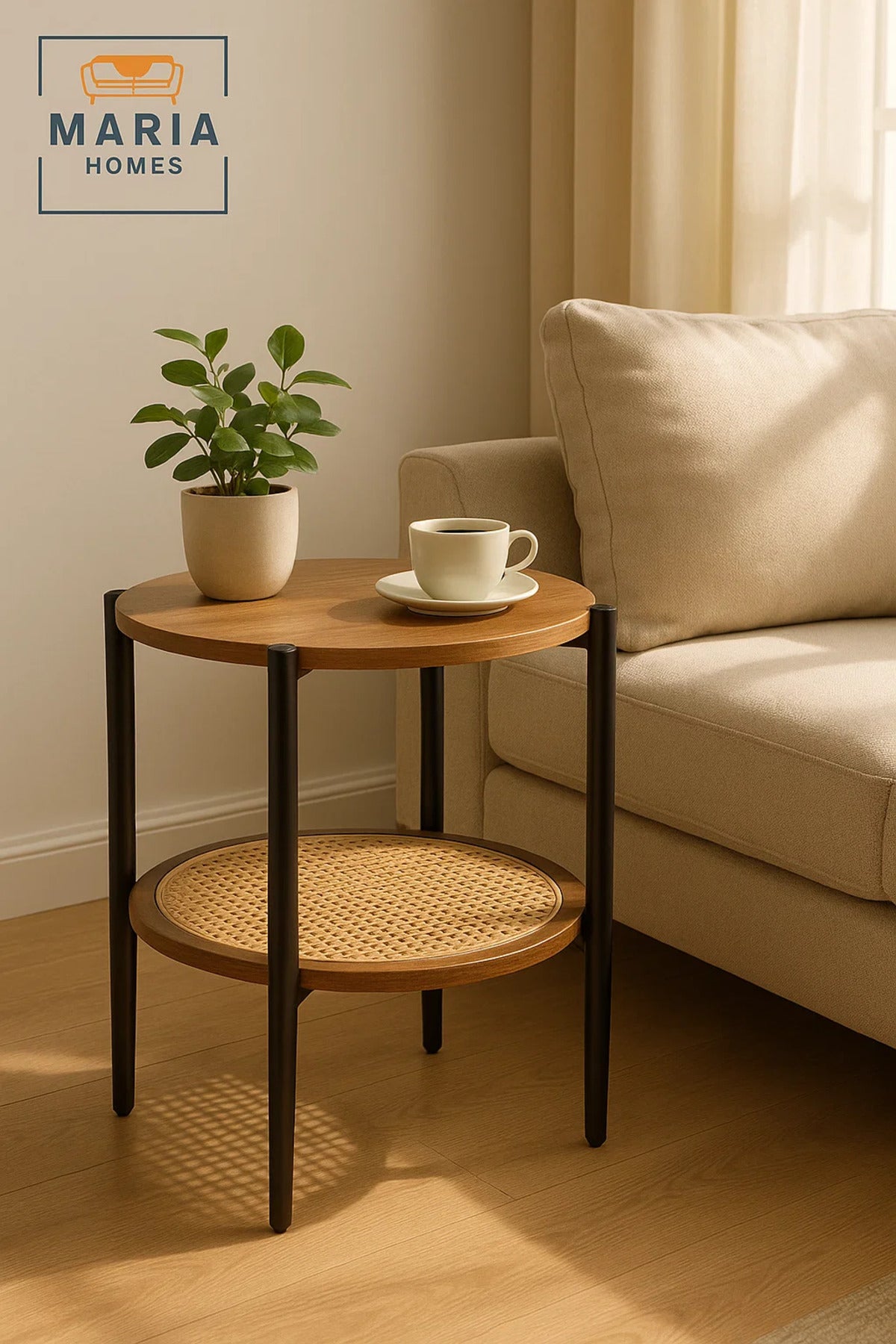 Modern Brown Side Table √ê Round Coffee Table with Rattan Storage Shelf 45_45_55 cm