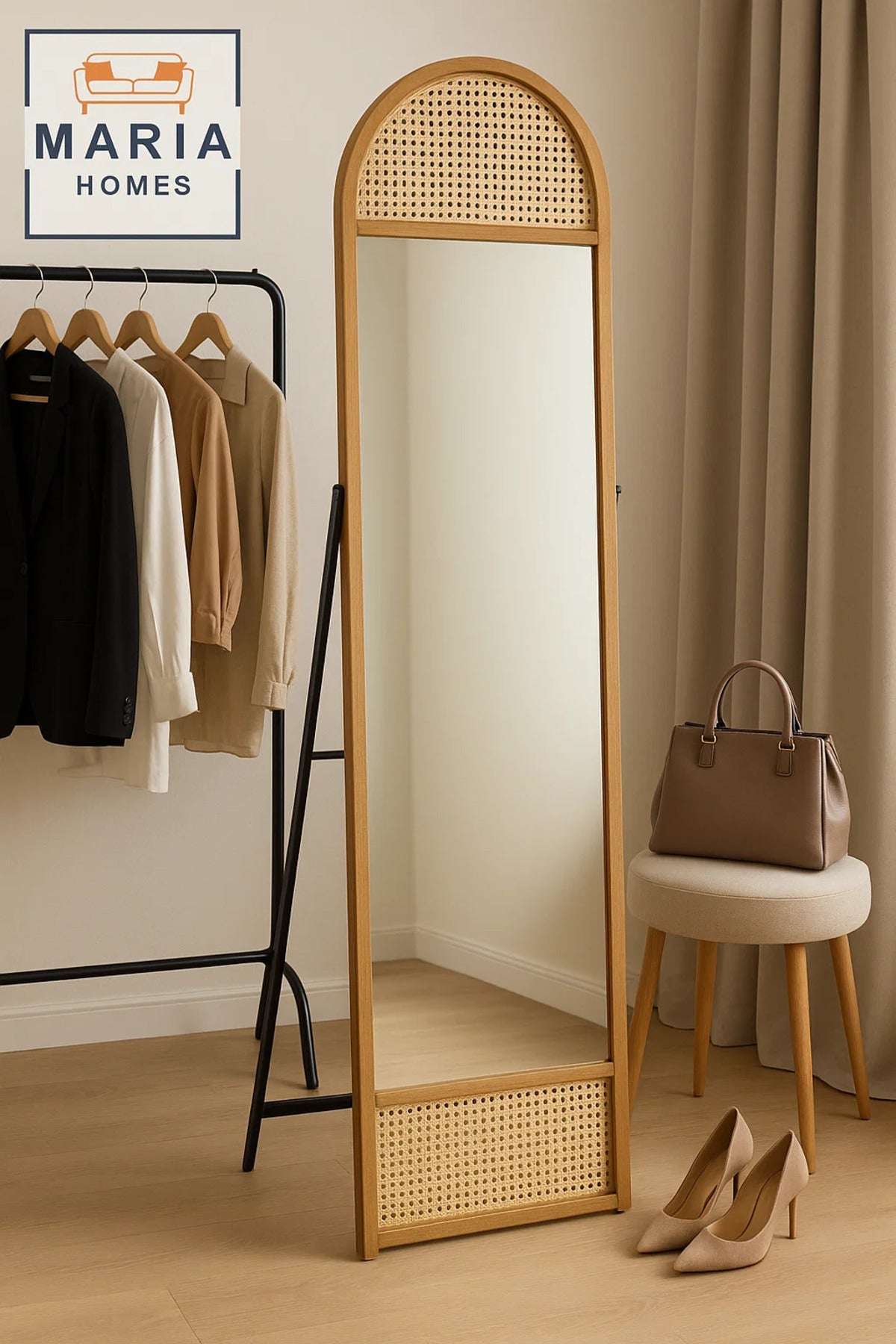 Arched Rattan Full-Length Standing Mirror Natural Wood Frame Mirror for Bedroom & Dressing Area