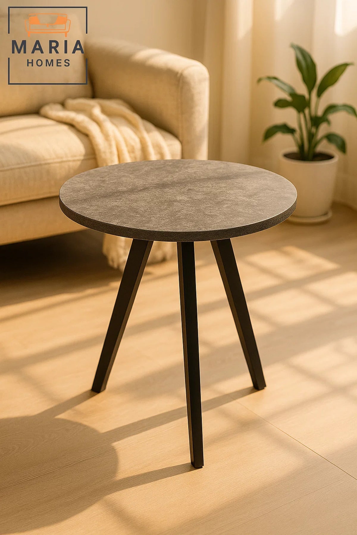 Round Side Table with Stone-Look Top and Black Angled Legs Ð Modern Style