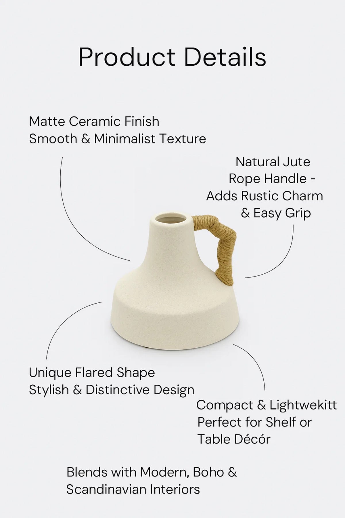 White Ceramic Rope Handle Vase Ð Modern Decorative Flower Pot for Home and Office DŽcor