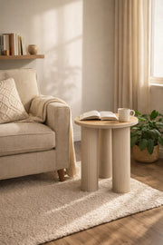 Beige Fluted Side Table with Wood Top Modern Round End Table for Home Living Room Decor
