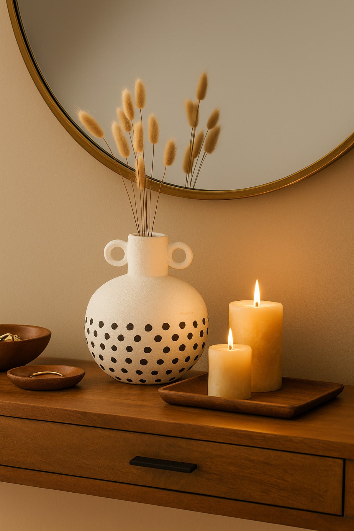 Natural White Ceramic Vase with Black Dots Ð Round Double Handle Decorative Vase