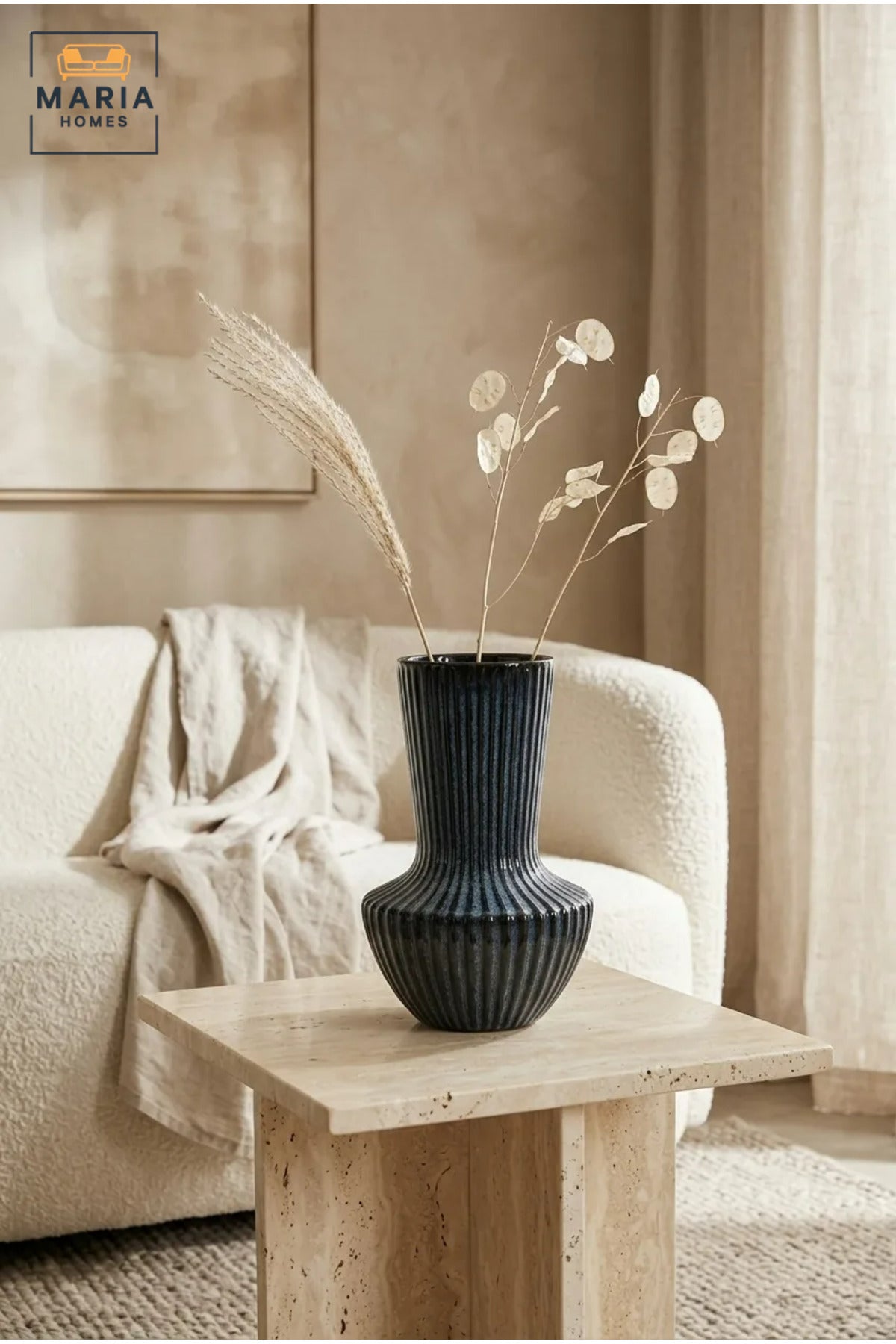 Blue Ribbed Decorative Vase, Modern Fluted Flower Holder with Tall Neck and Rounded Base for Living Room, Bedroom, Office, Shelf and Table Décor