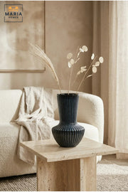 Blue Ribbed Decorative Vase, Modern Fluted Flower Holder with Tall Neck and Rounded Base for Living Room, Bedroom, Office, Shelf and Table Décor