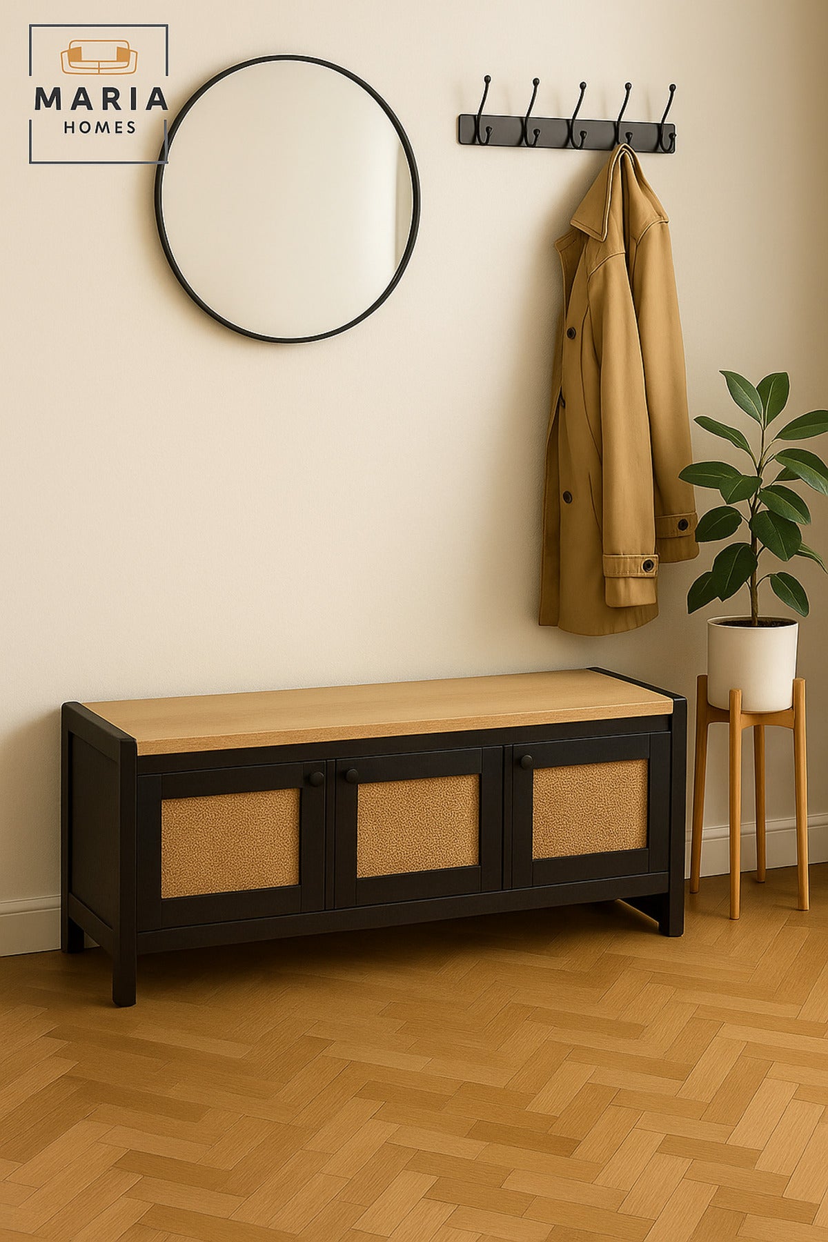 Black Wooden Storage Bench with Rattan Doors & Cushion Seat Ð Shoe Cabinet (120_40_52 cm)