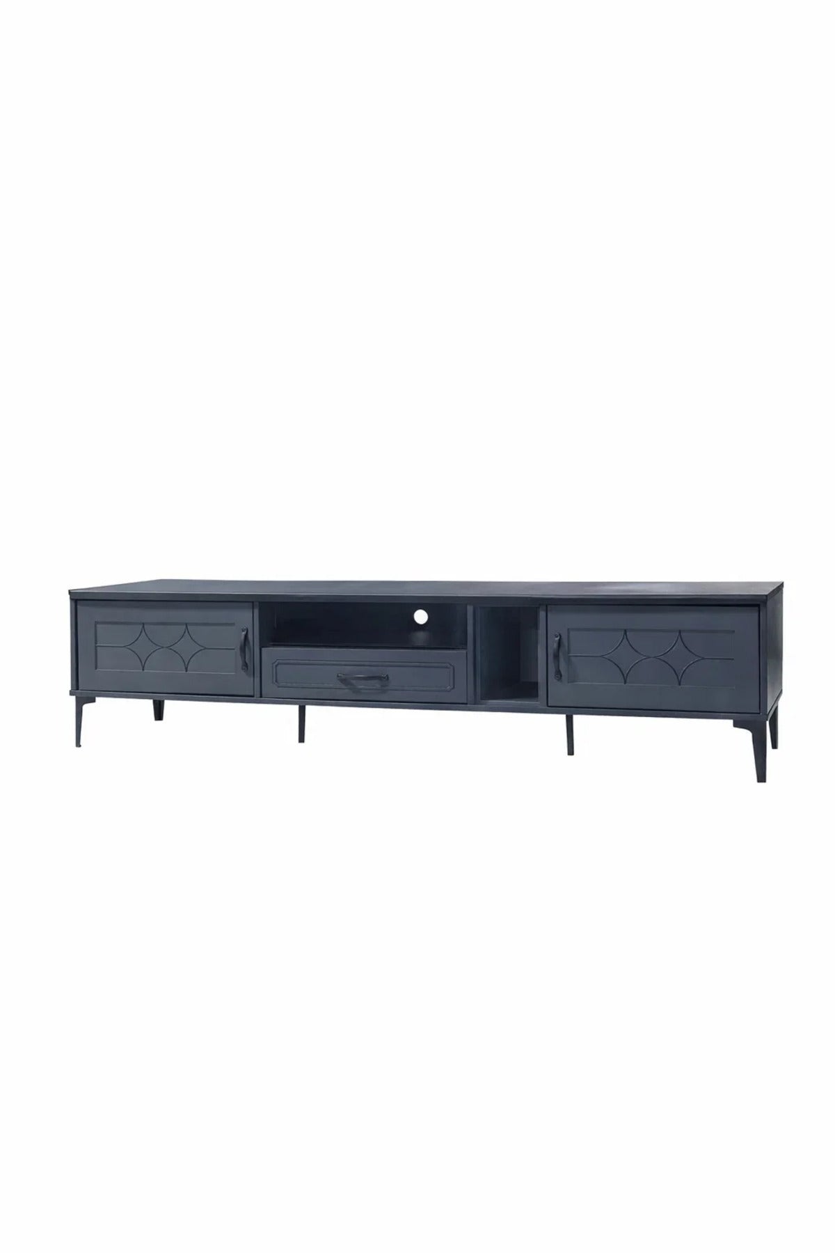 Dark Grey TV Unit 200cm Wide Modern Media Cabinet with Geometric Doors and Storage for Living Room