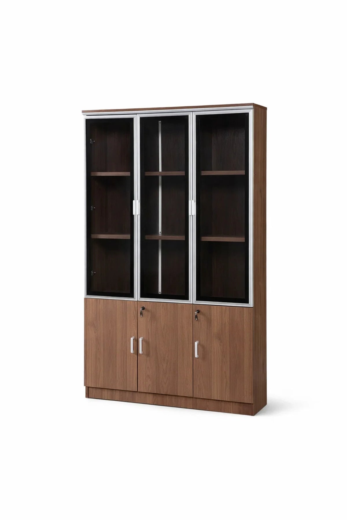 Modern Large Office Storage Cabinet 3 Glass Doors 3 Wood Doors Lockable File Organizer Light Brown