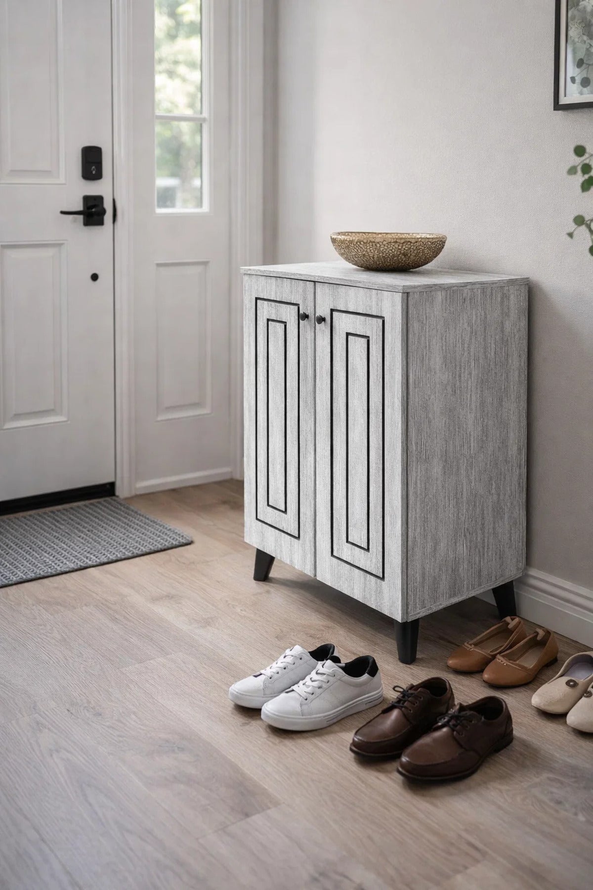 Elegant Grey Wood Shoe Cabinet Two Door Storage Rack Stand for Hallway Entryway Modern Organizer
