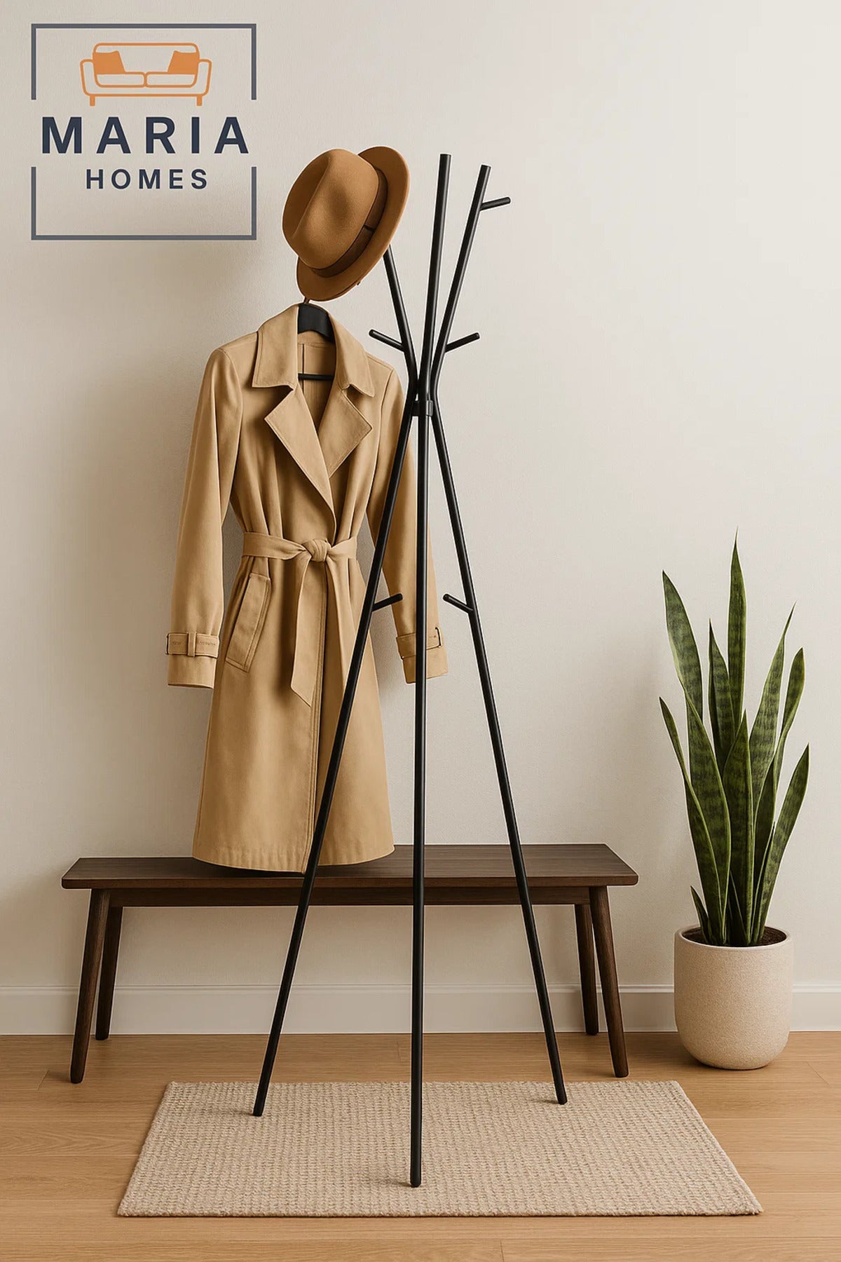 Tripod-Style Black Metal Coat Rack with Angled Hooks