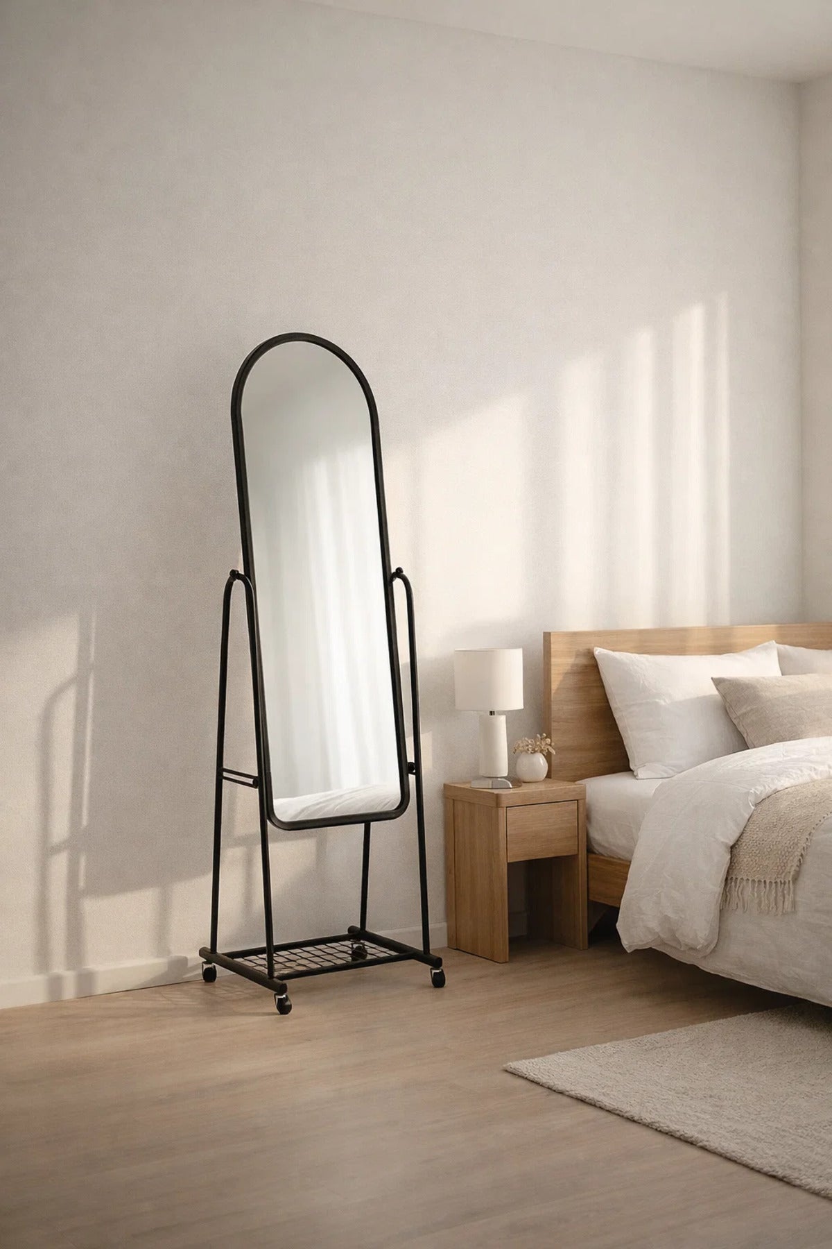 Mobile Floor Standing Mirror Black Arched Full Length Dressing Mirror on Wheels Storage Shelf