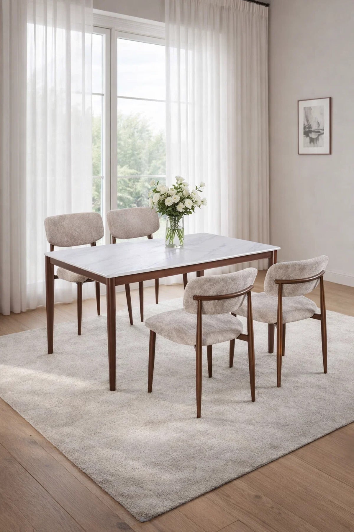 Luxury 4-Person Dining Table Set Faux Marble Top with Upholstered Chairs for Dining Room Home