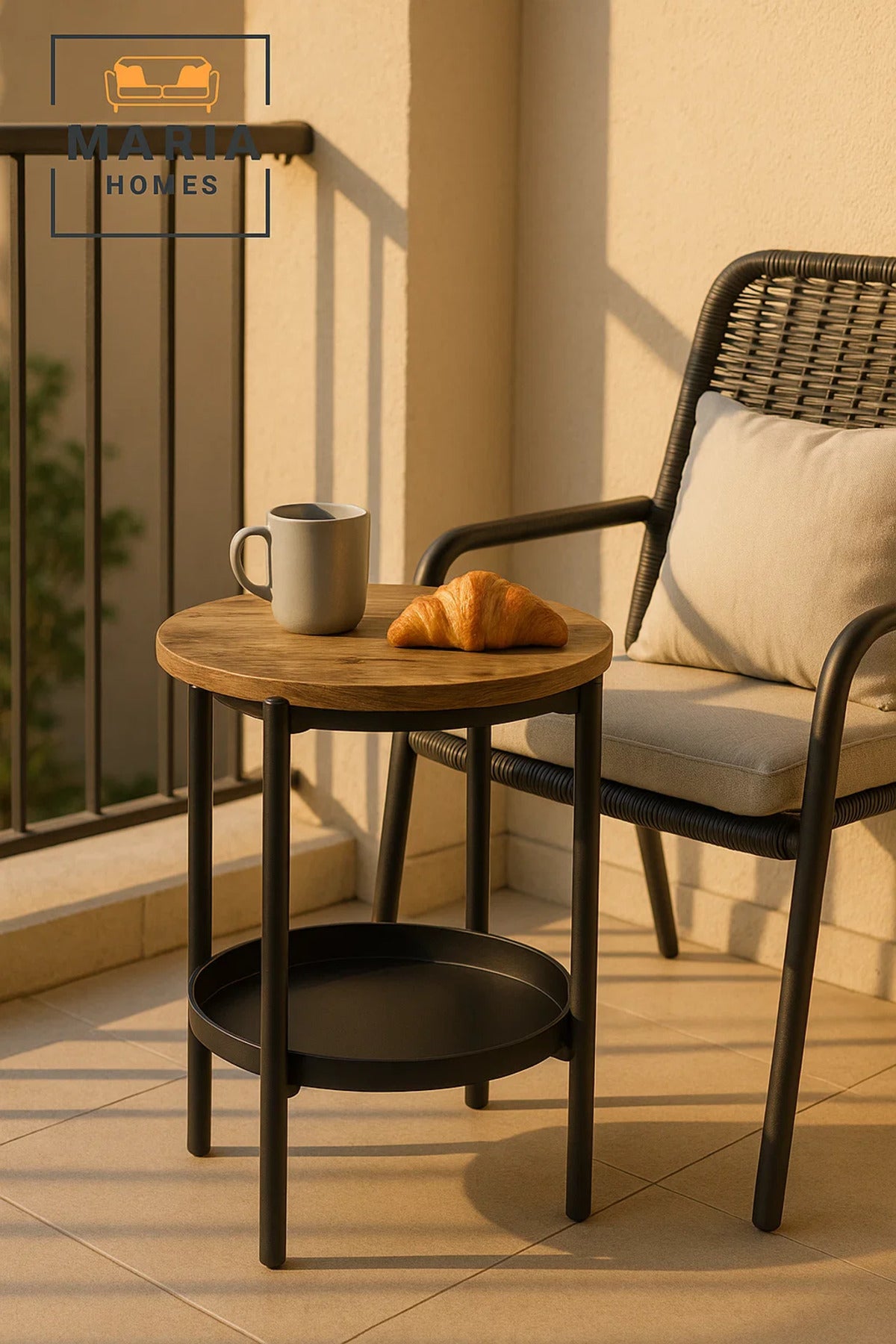 Modern Brown Side Table √ê Round Coffee Table with Black Storage Shelf 40_40_55 cm
