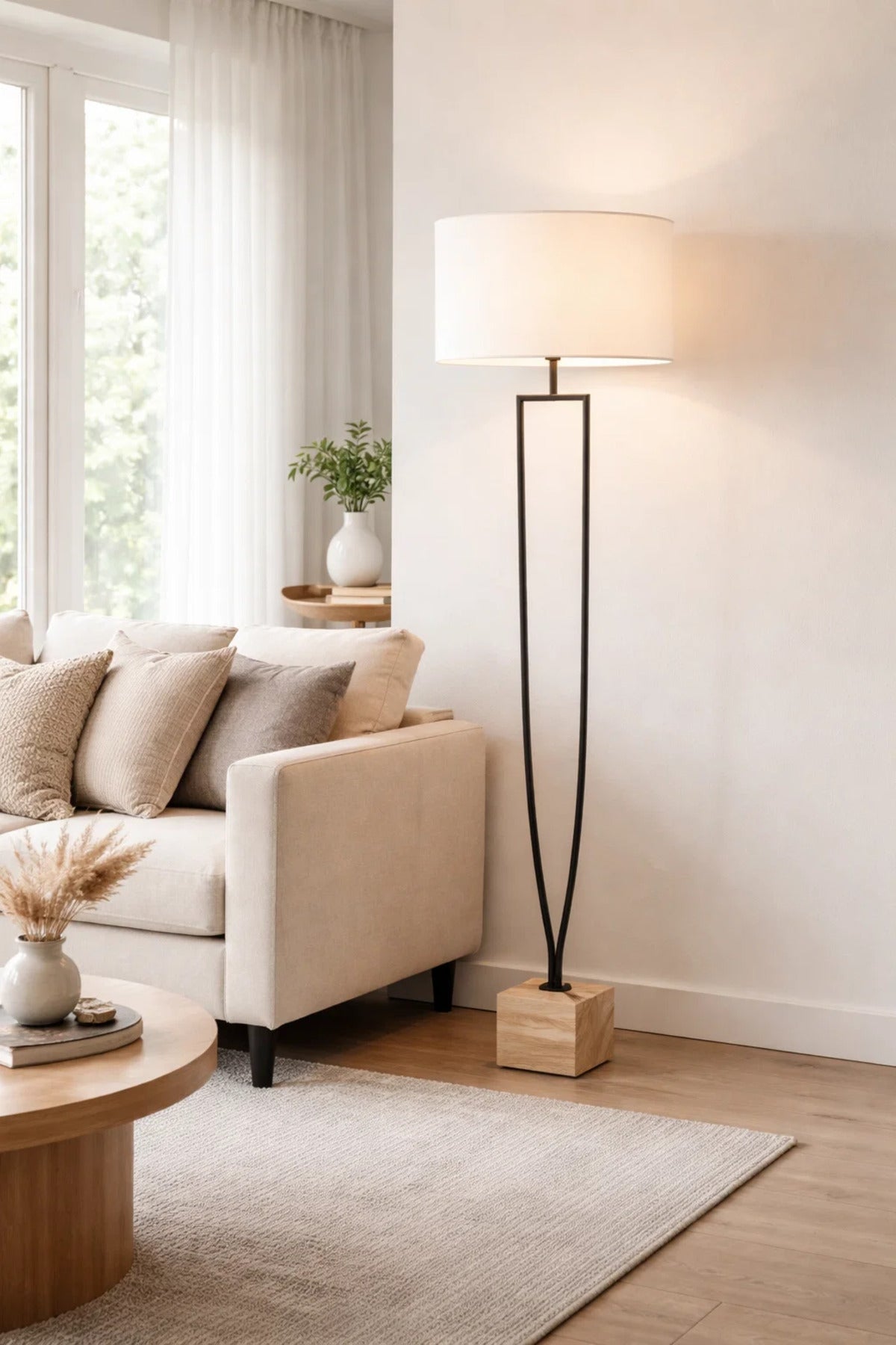 Modern Floor Lamp with Fabric Shade and Decorative Stone Base for Living Room