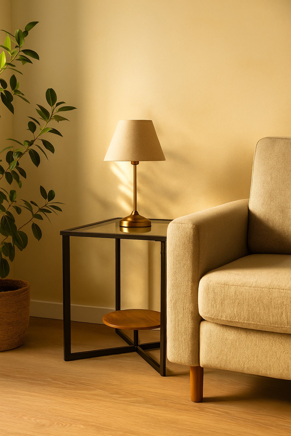 Modern Glass Side Table with Black Metal Frame and Brown Wooden Shelf Ð Square End Table 40_40_50 cm