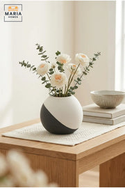 Modern Decorative Flower Vase with Two-Tone Abstract Design, Round Shape and Ribbed Texture for Living Room, Bedroom, Office, Shelf and Console Décor