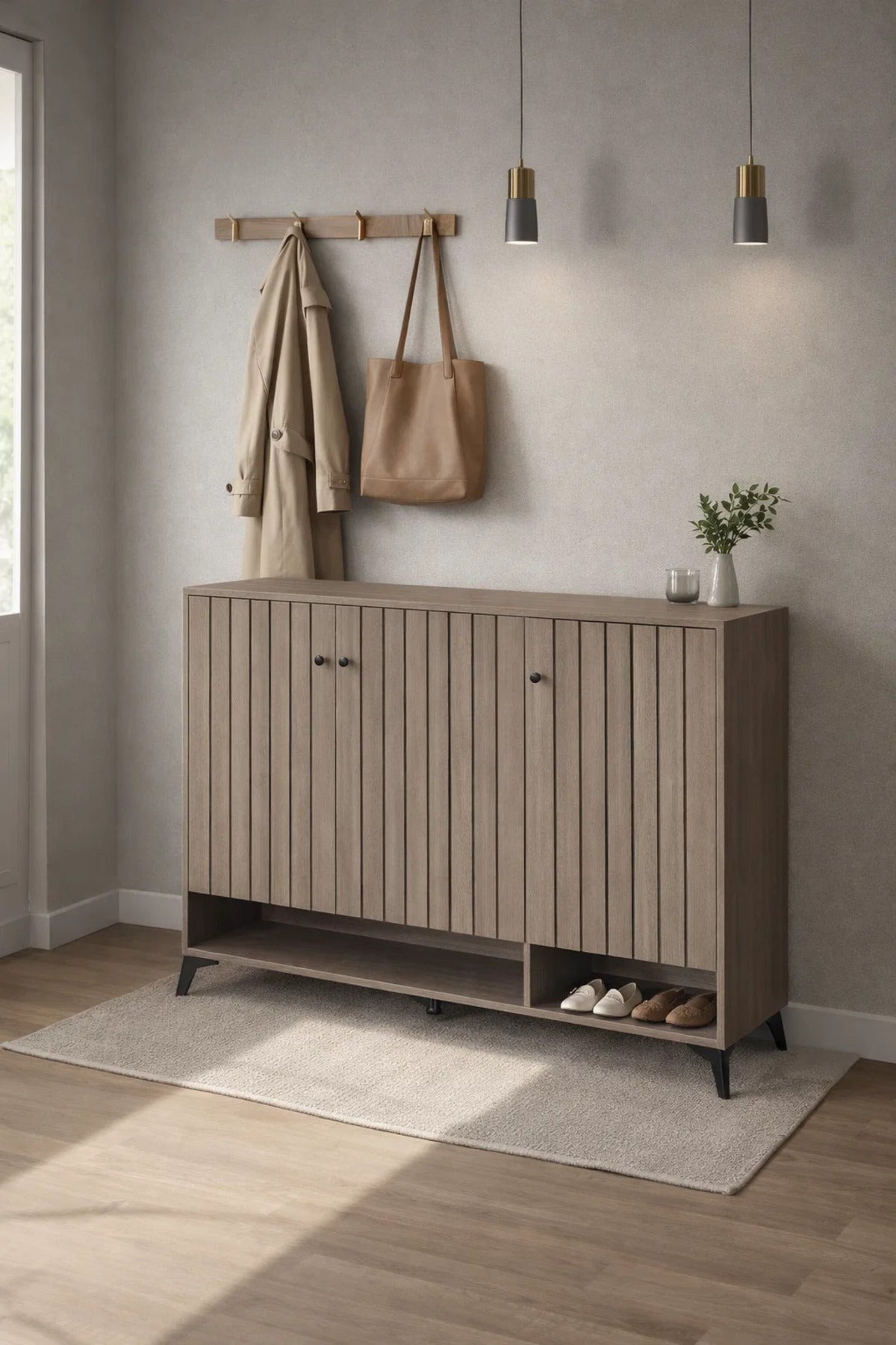 Modern Grey Shoe Cabinet 120cm with Vertical Slats, Open Shelf & 3 Doors for Entryway Storage