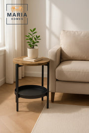 Modern Brown Side Table √ê Round Coffee Table with Black Storage Shelf 40_40_55 cm