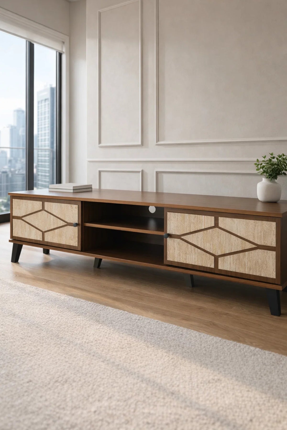 Modern Wooden TV Stand Dark Brown with Beige Stone Pattern 180 x 40 x 43 cm