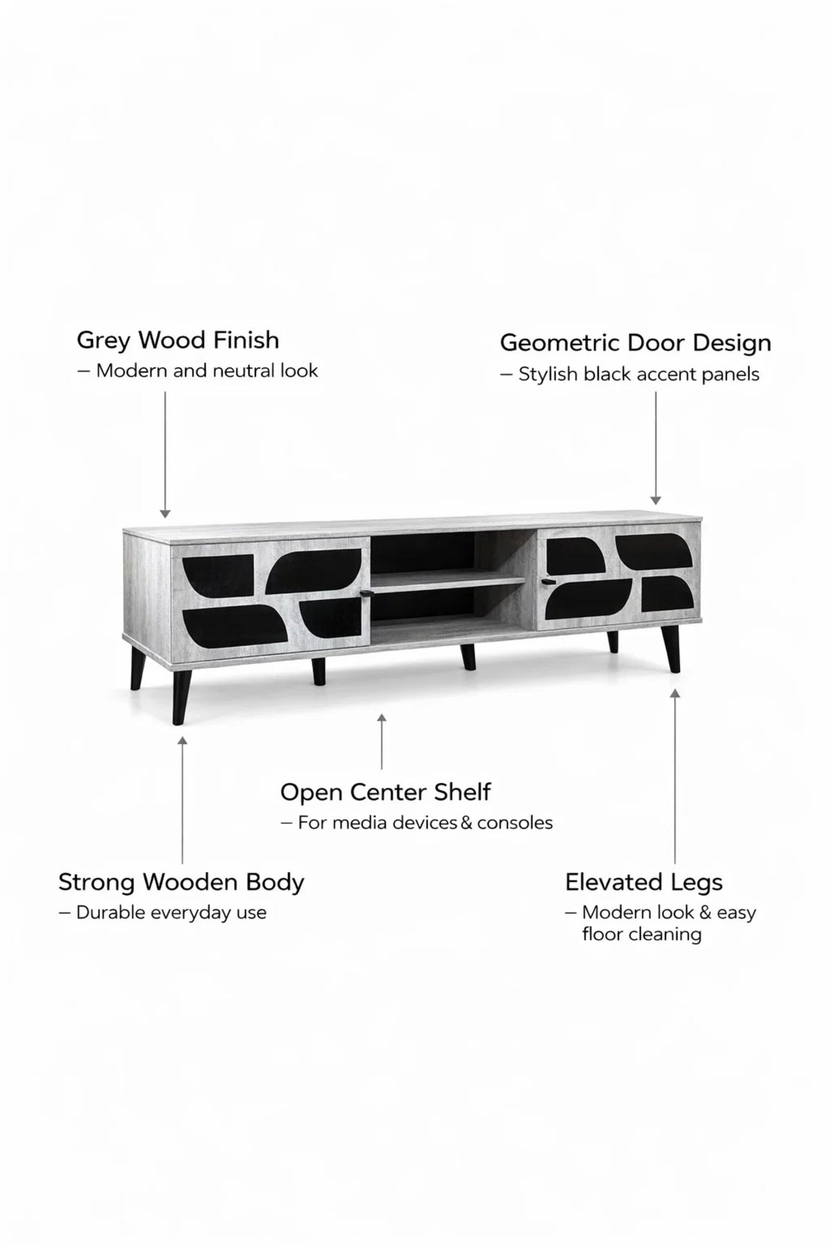 Stylish Grey TV Unit 160cm Modern Entertainment Center Console with Storage for Living Room