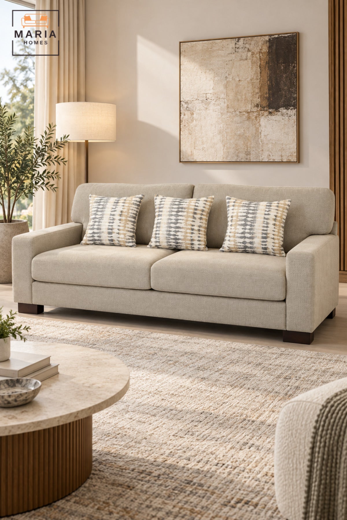 Modern 3 Seater Upholstered Sofa with Deep Cushioned Seats, Supportive Backrest, Wide Armrests & Decorative Pillows for Living Room and Lounge