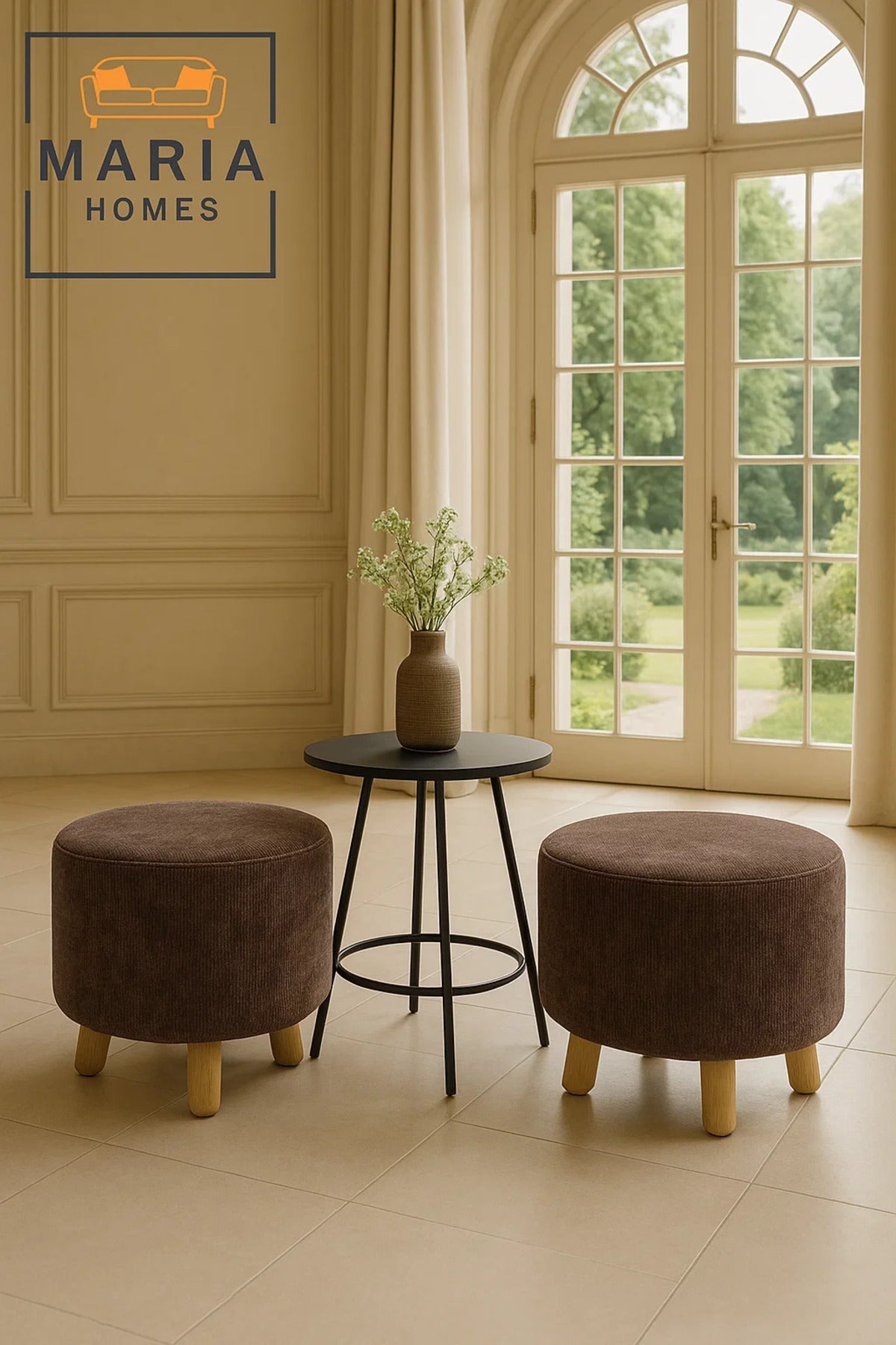Round Brown Velvet Ottoman Stool Ð Modern Pouffe Footrest with Wooden Legs for Home Decor