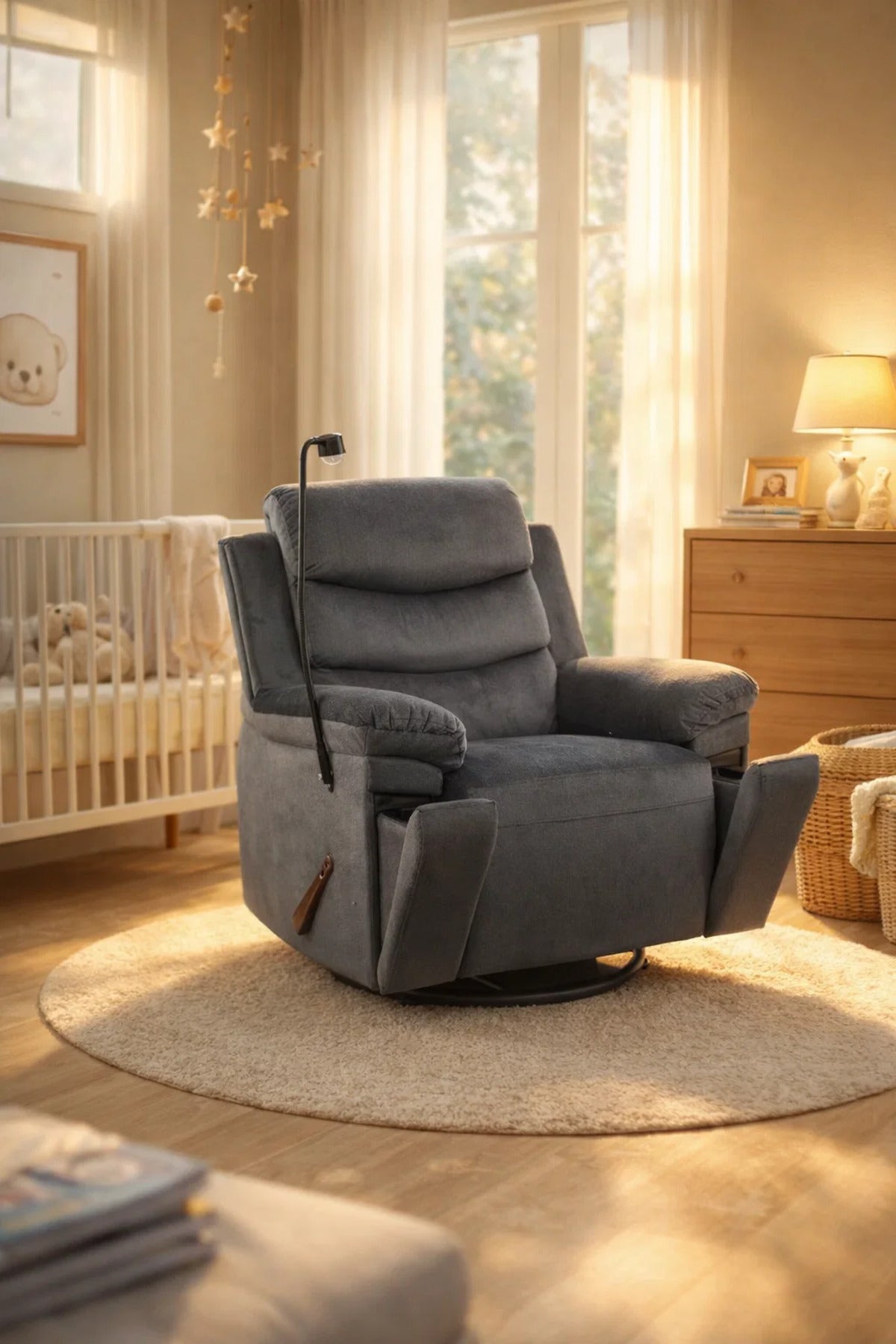 Premium Dark Grey Swivel Rocking Recliner Chair with Adjustable Mobile Holder for Home Relaxation