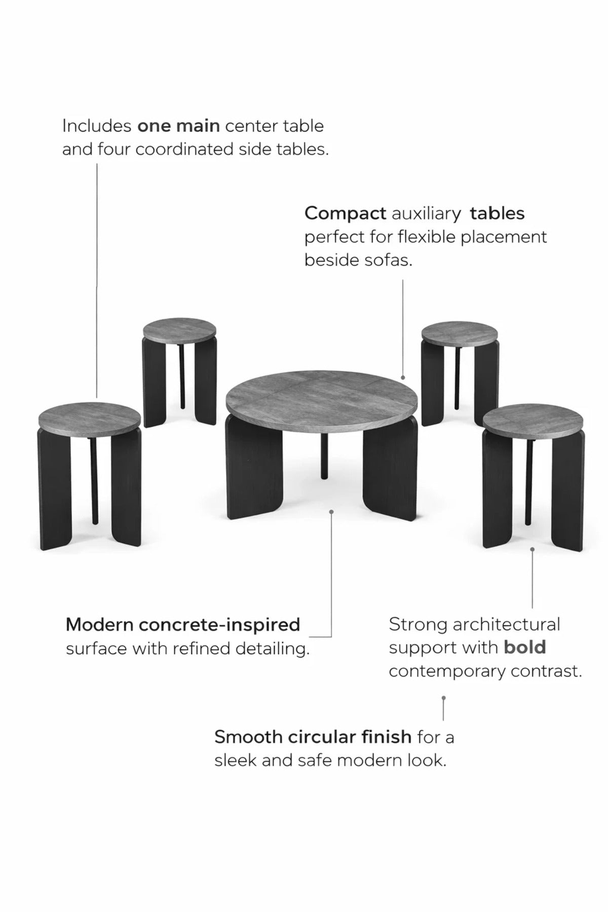 Luxury 5-Piece Nesting Coffee Table Set Grey Concrete Look Top Black Base Modern Living Room Decor