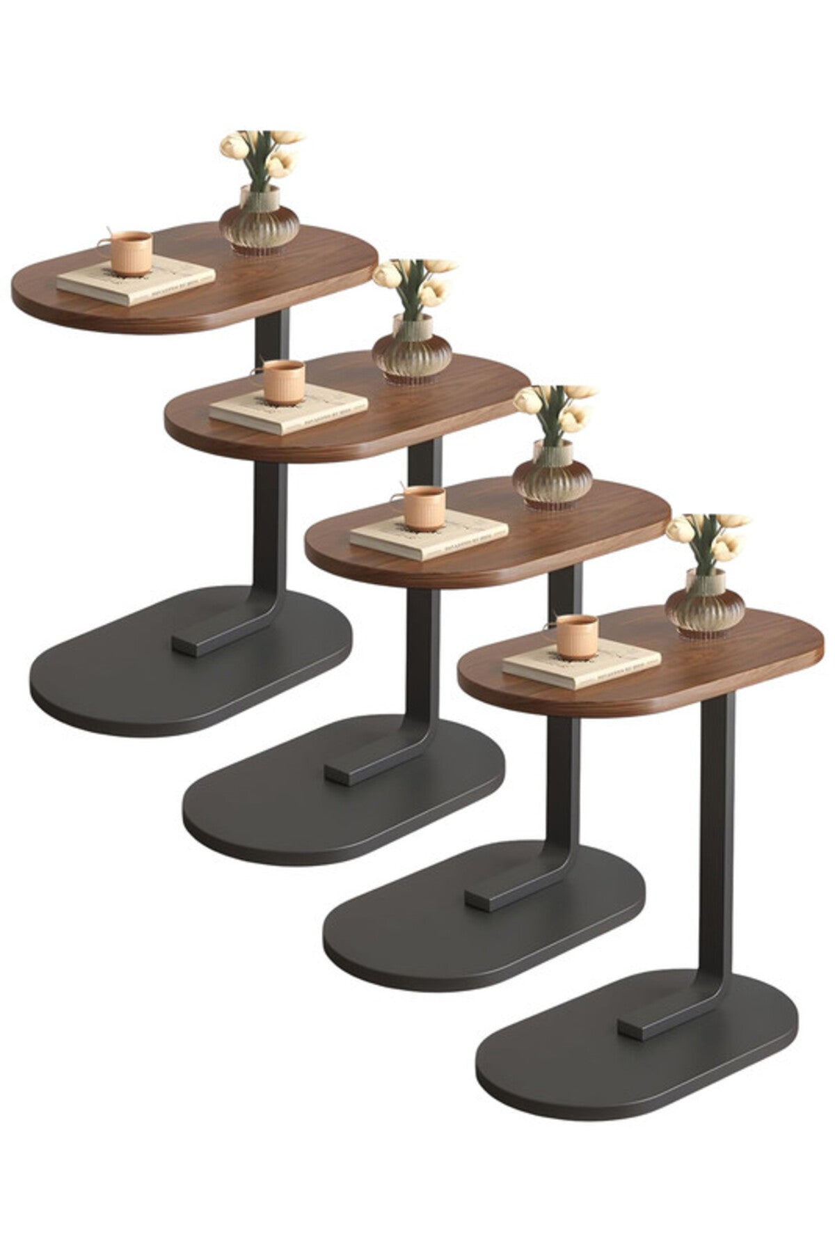 C-Shaped Side Table with Brown Wood Top and Black Metal Frame 4 pcs set