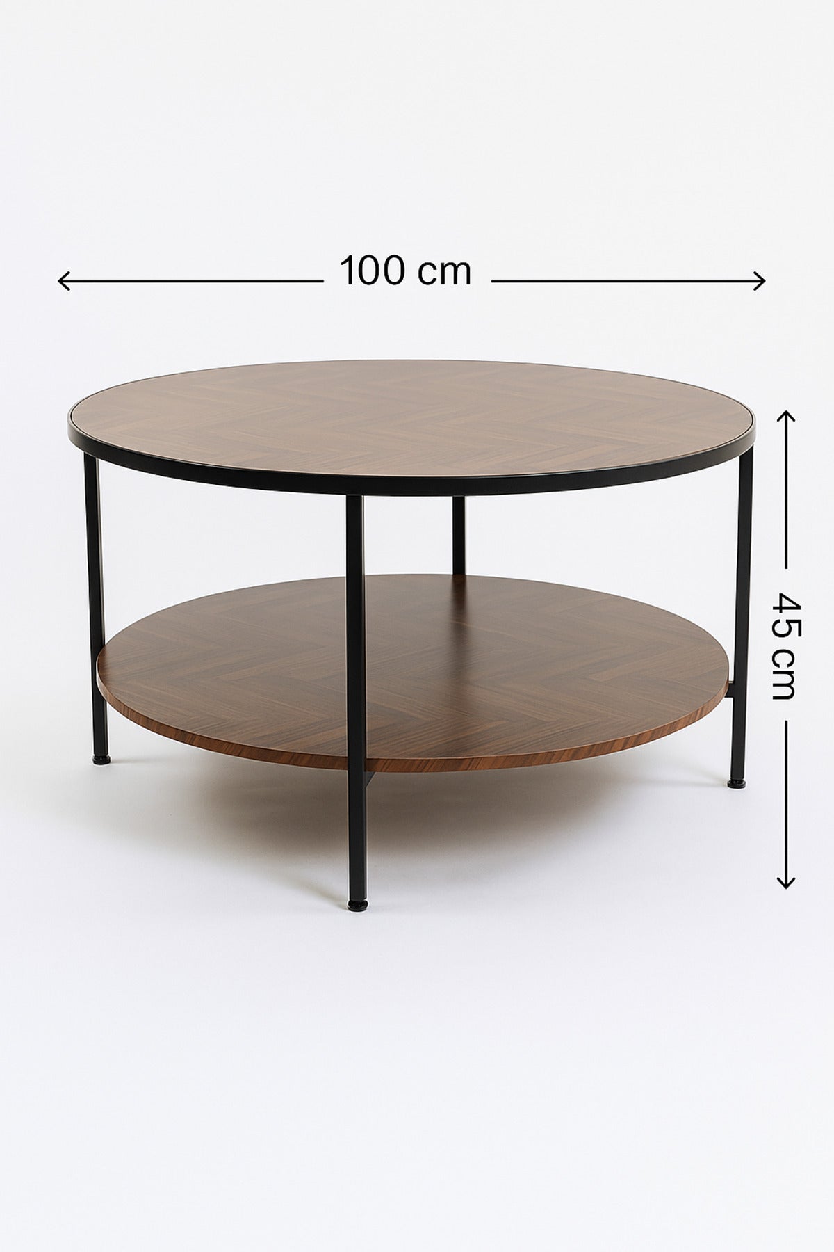 Round Brown Coffee Table with Wooden Shelves Modern Center Table with Black Metal Frame 100_45 cm