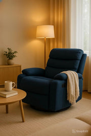 Dark Blue Recliner Chair with Cup Holders Ð Soft Fabric, Swivel & Recline