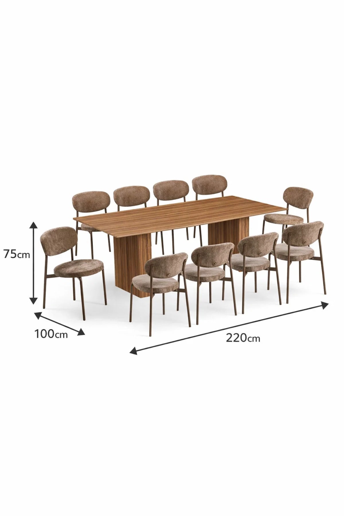 Modern 10 Seater Dining Table Set Wooden Top Upholstered Brown Chairs Large Family Room 220cm