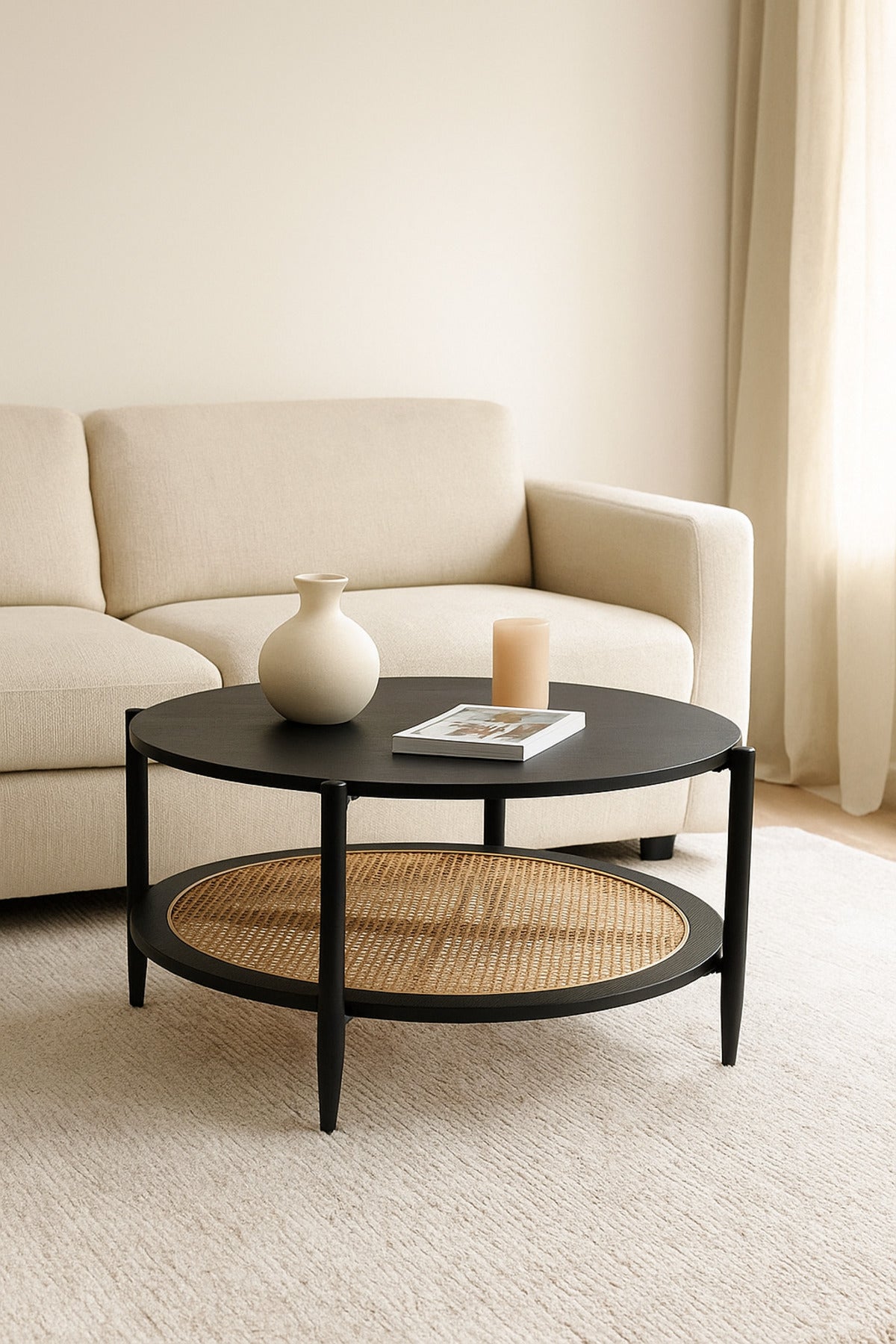 Round Black Coffee Table with Rattan Shelf Ð Modern Wooden Center Table for Living Room 100_45 cm
