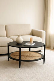 Round Black Coffee Table with Rattan Shelf Ð Modern Wooden Center Table for Living Room 100_45 cm