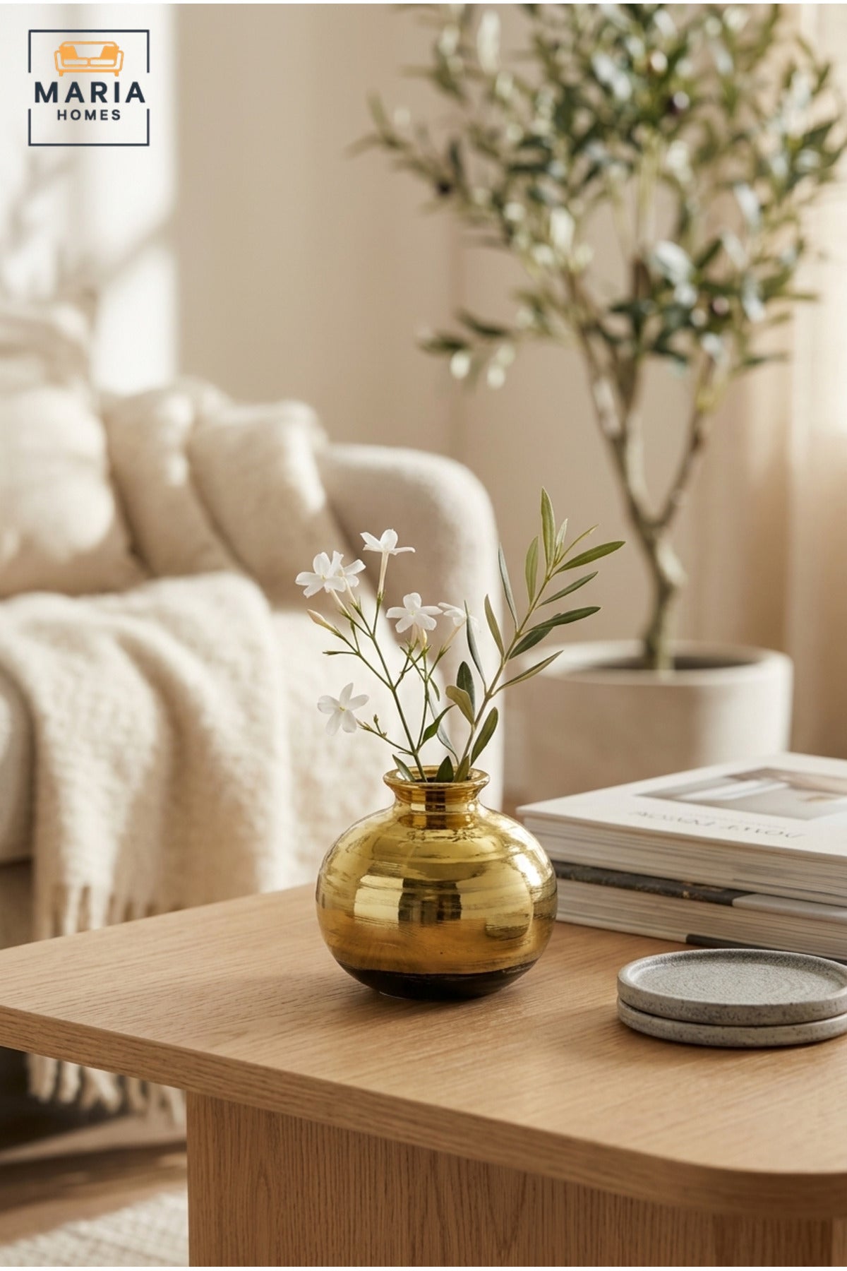 Modern Decorative Glass Vase with Metallic Gold Finish, Small Flower Vase for Living Room, Dining Table, Shelf & Home Décor