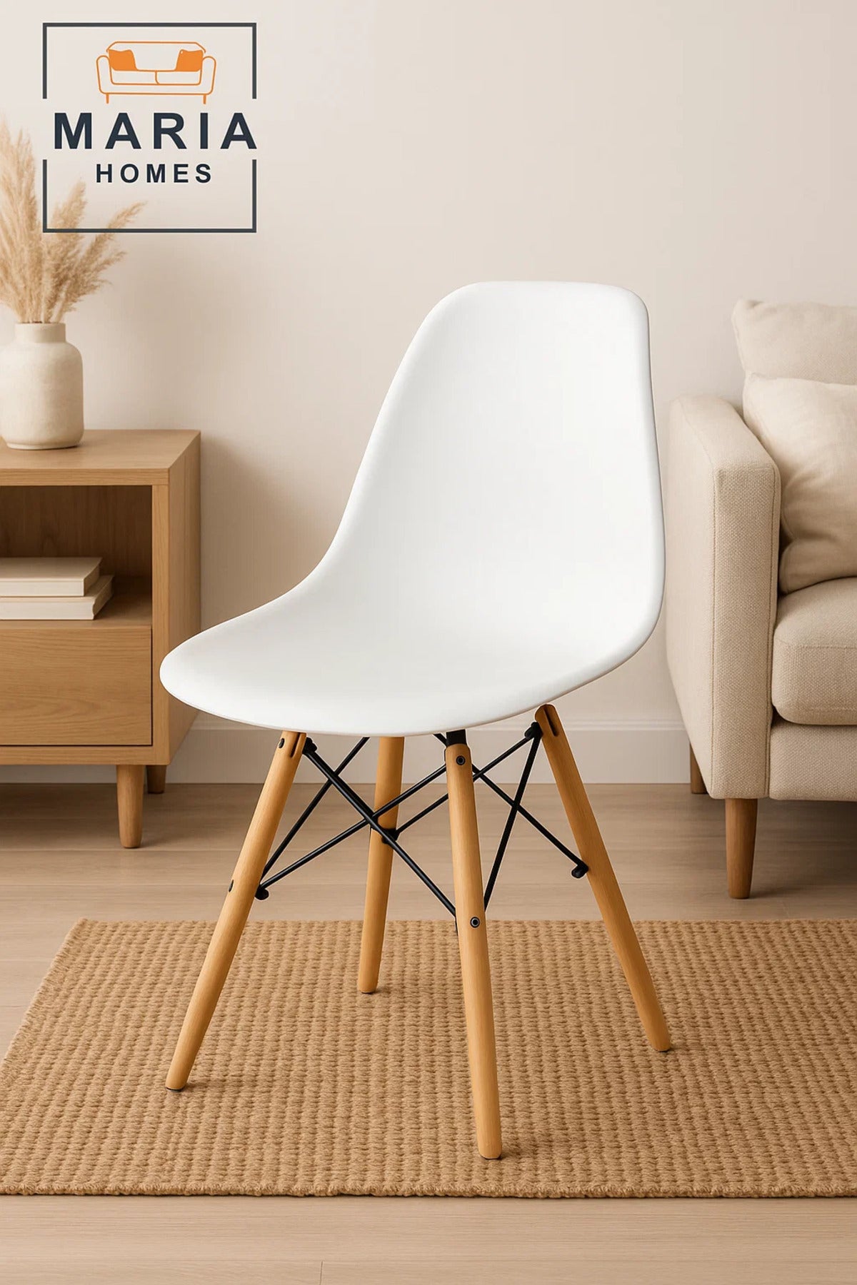 1-Piece Modern Plastic Chair with Wooden Legs, Shell Lounge, White - 70H x 40L x 40W cm