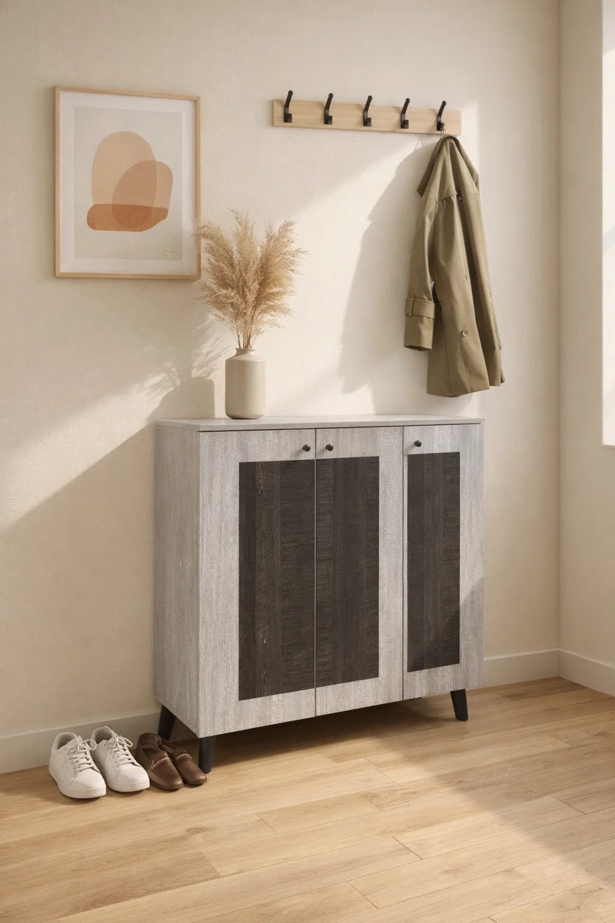 Stylish Grey Wood Shoe Cabinet with Dark Accents 3-Door Entryway Organizer Rack 90cm Width Unit
