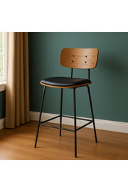 Mid-Century Modern Bar Stool with Wooden Backrest and Black Metal Legs Ð Stylish Seating Solution
