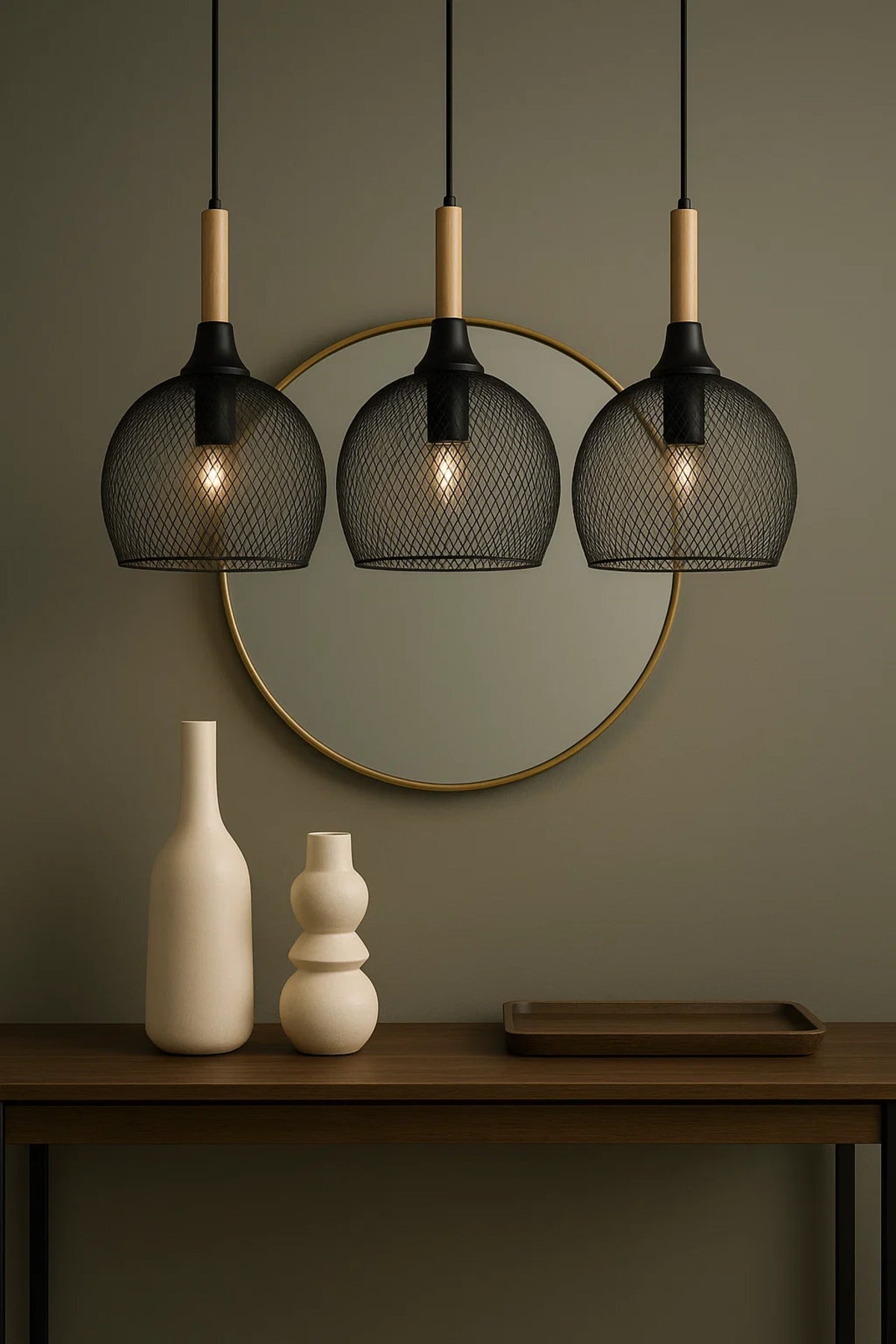 Triple Black Wire Mesh Pendant Light with Wood Tops