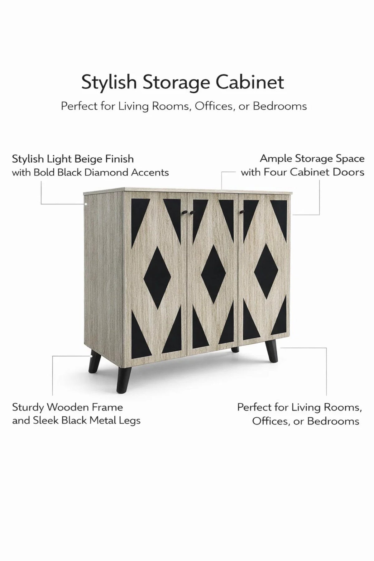 Modern 3-Door Shoe Cabinet Beige Wood Black Diamond Pattern Geometric Entryway Organizer Stand