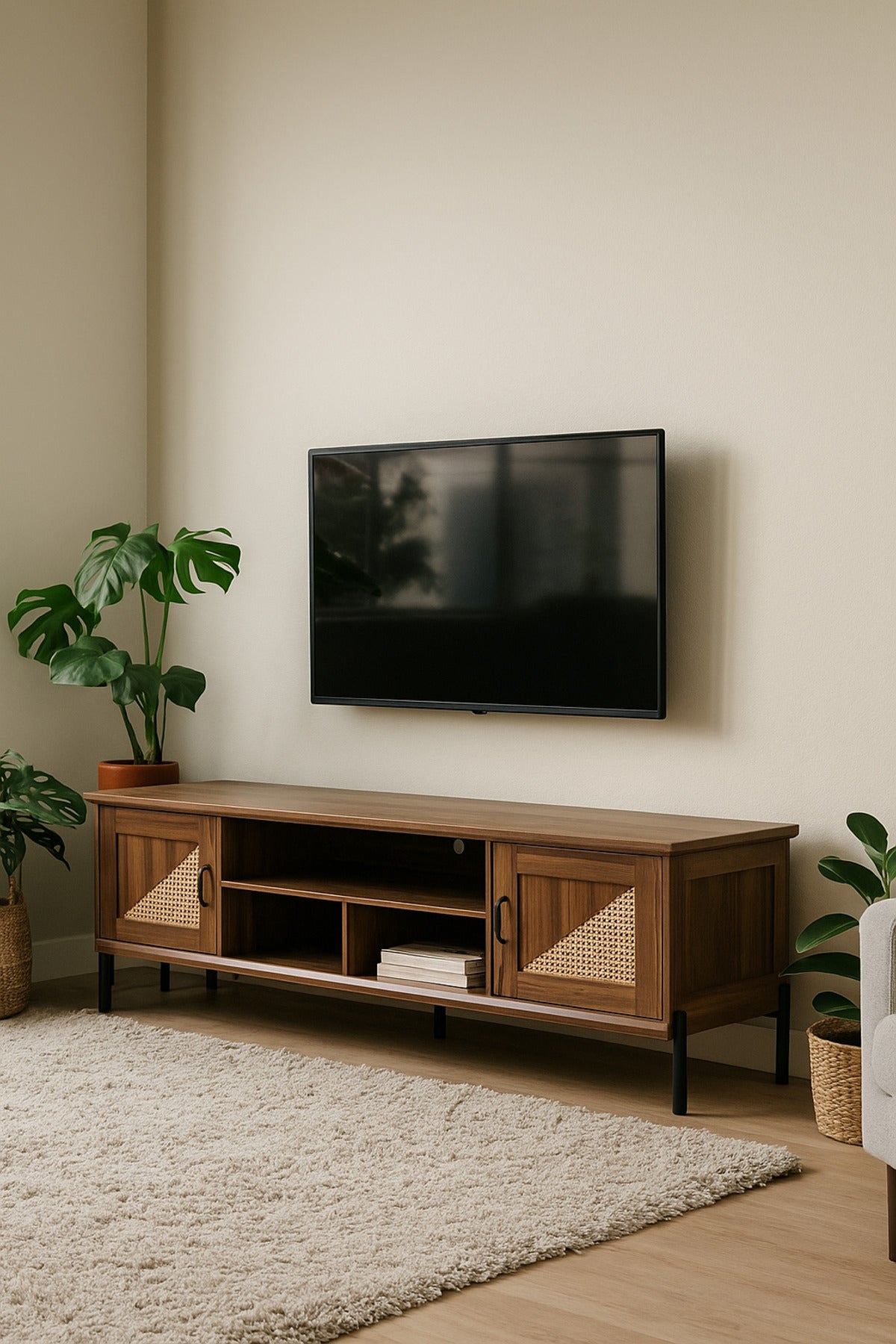 Walnut Wooden TV Stand 180_40_56 cm Ð Modern Rattan Door TV Unit with Open Shelves and Black