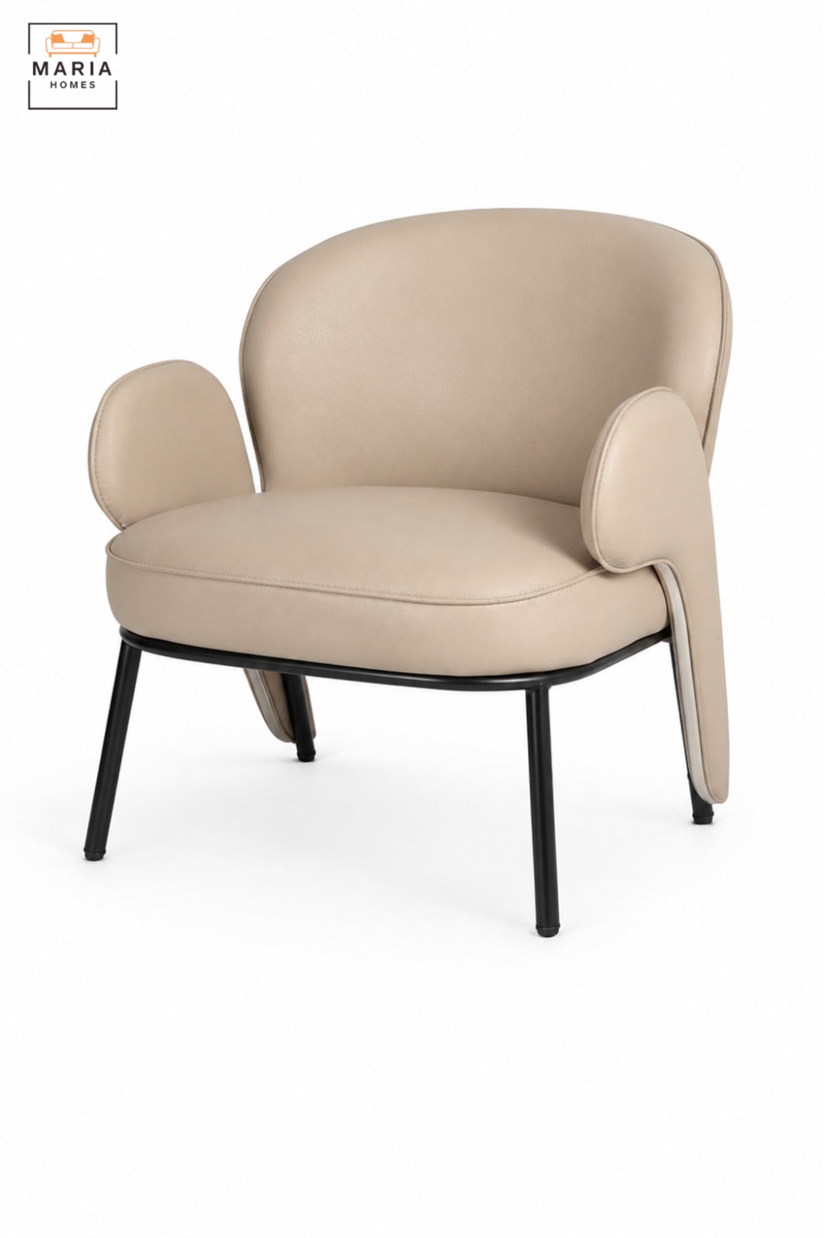 Modern Beige Upholstered Accent Armchair with Curved Backrest, Padded Seat, Unique Armrests & Black Metal Legs for Living Room Bedroom Office Lounge